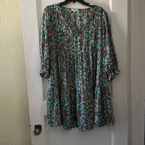 Umgee Teal Floral Mini Dress with Red & White Accents